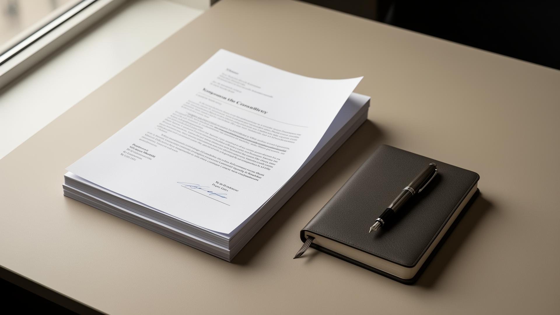 Documents and notebook on a consultancy desk